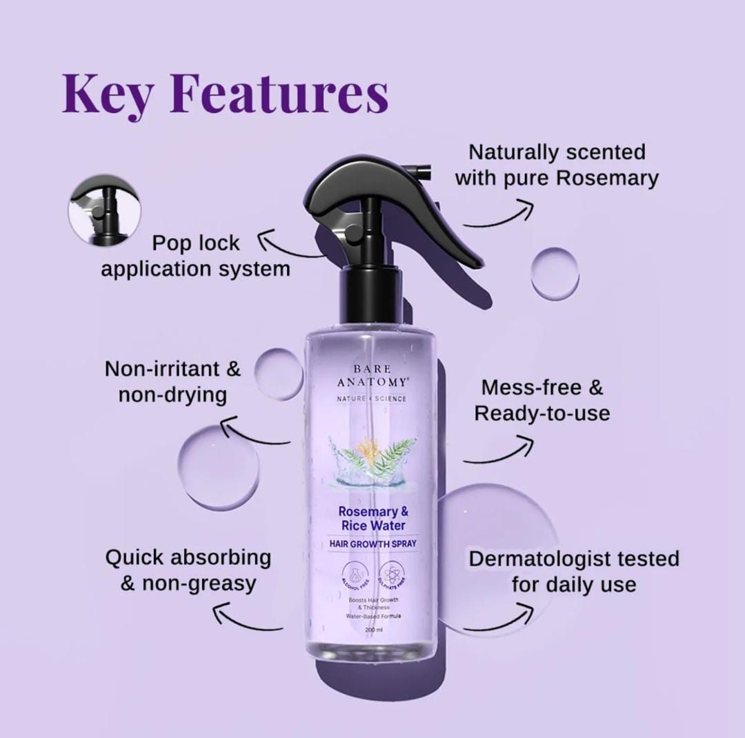 Rosemary & Rice Water Hair Spray – Nourishing Hair Care for Shiny, Healthy-Looking Hair (200ml)