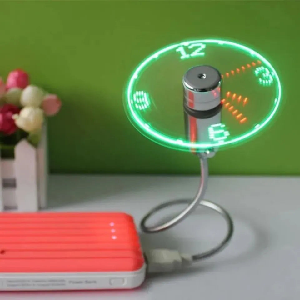 USB Fan Connect PhoDurable Adjustable Mini Flexible Fan LED Light USB Port Time Clock Desktop Clock Cool Gadget Time Display