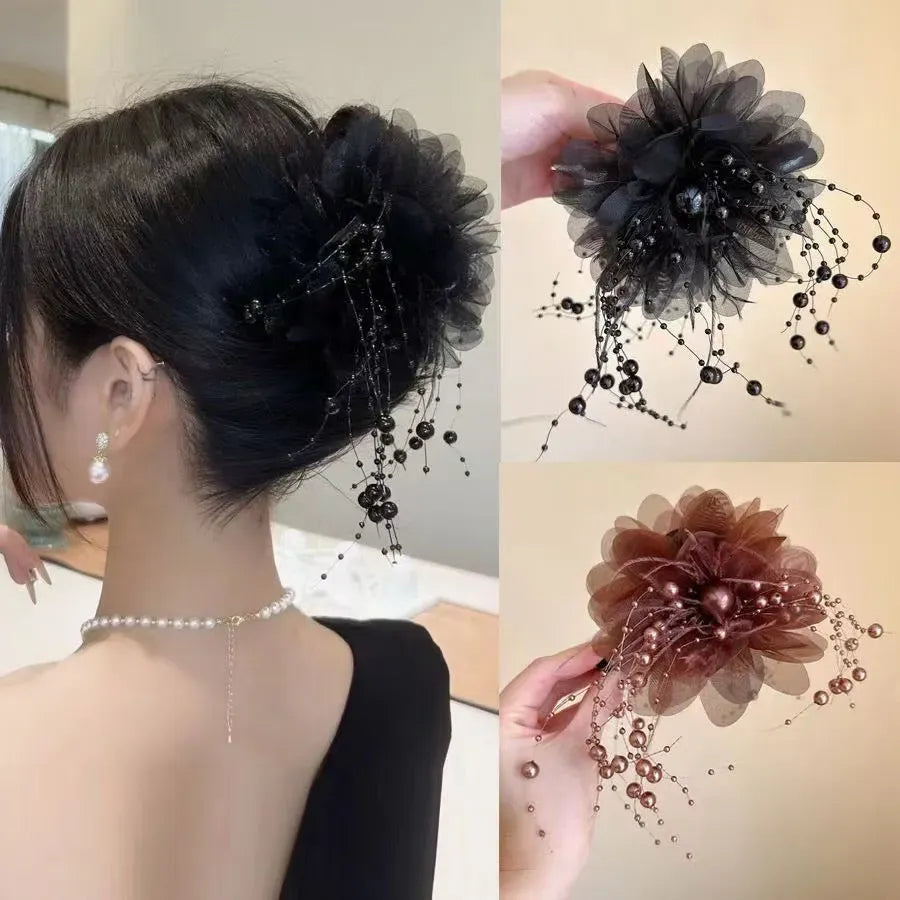 Single Korean high-end feather bead tassel clip for commuting women's hair accessories