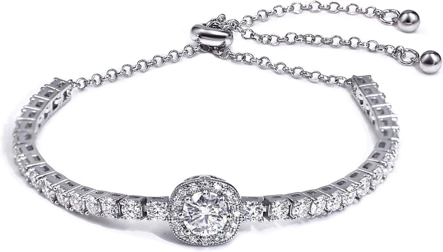 3mm Moissanite Tennis Bracelet for Women, 4.35CT Diamond Bracelets Slide, 18K White Gold Plated S925 Sterling Silver Adjustable Tennis Bracelets, D Color VVS1 Round Brilliant Cut Lab Created