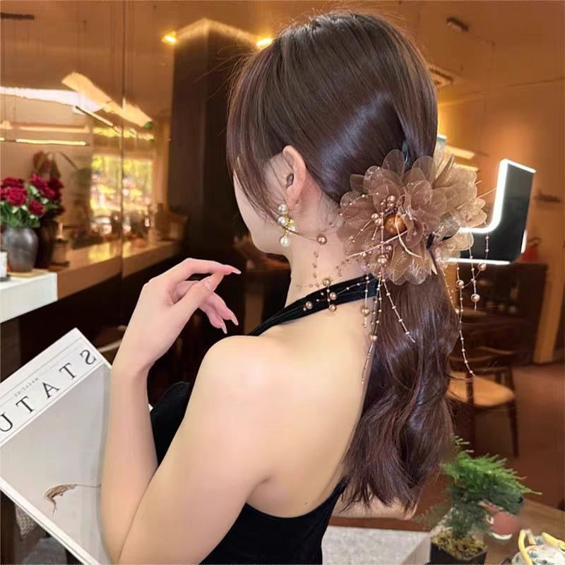 Single Korean high-end feather bead tassel clip for commuting women's hair accessories