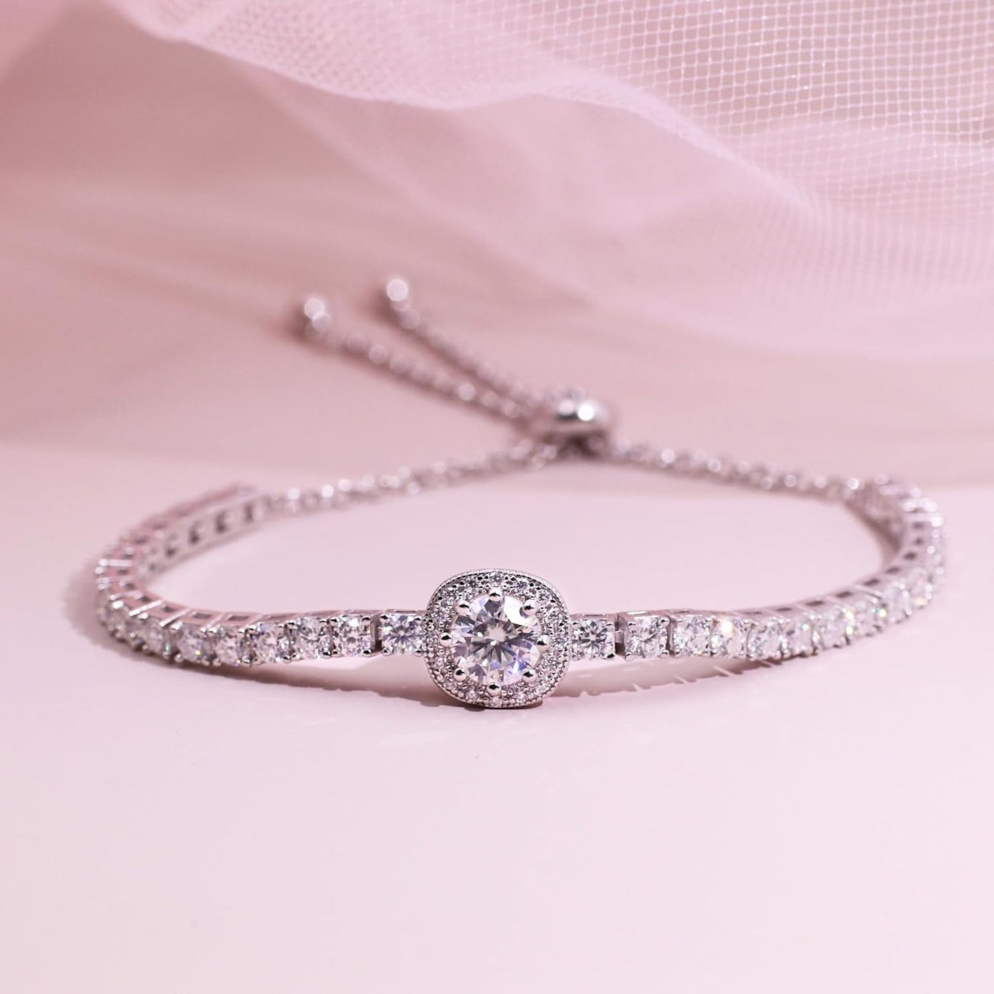 3mm Moissanite Tennis Bracelet for Women, 4.35CT Diamond Bracelets Slide, 18K White Gold Plated S925 Sterling Silver Adjustable Tennis Bracelets, D Color VVS1 Round Brilliant Cut Lab Created